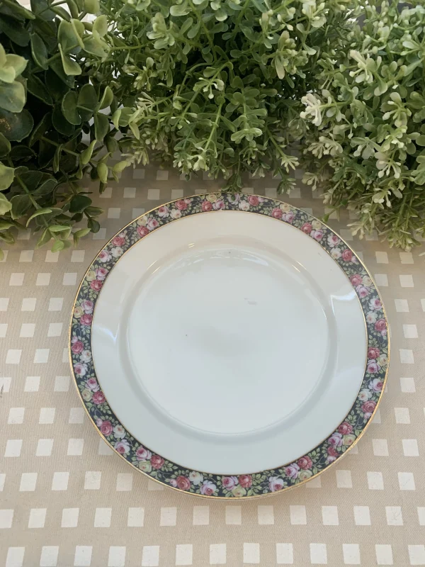 Set de seis platos postre filo negro y flores