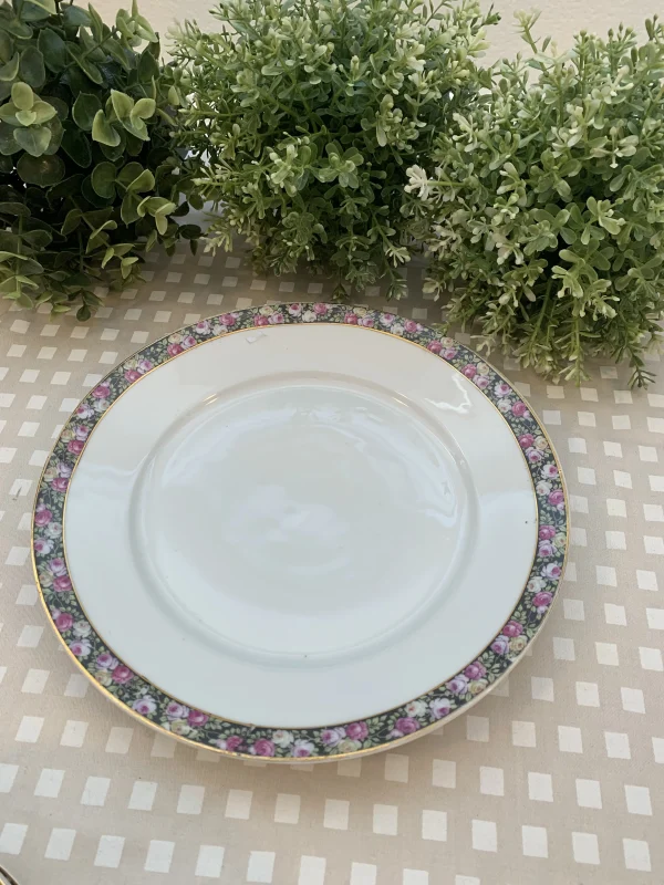 Set de seis platos llano filo negro y flores